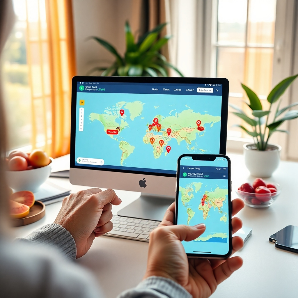 Create a photorealistic depiction of a user-friendly website interface displaying a vibrant map with pins marking several locations of free food. The setting is bright and inviting, with natural sunlight streaming in through a window, casting soft diffused lighting across the scene. The color palette features warm earth tones, greens, and pops of color from food illustrations around the map. The perspective should be an over-the-shoulder view of someone engaging with the website, with a smartphone displaying the same map in hand. Textures should highlight the smooth surface of a modern desk and the glossy finish of the smartphone. Include environmental elements like a bowl of fresh fruits nearby and a potted plant in the background for a cozy feel. The style should evoke a modern digital aesthetic, reminiscent of high-end tech photography. Technical specifications include 8K resolution and hyperrealistic details.
